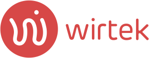 Logo-ul Wirtek, un design modern pe fundal roșu.