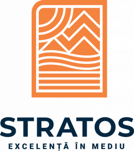 Logo Stratos cu un design geometric și textul 'excelență în mediu'.