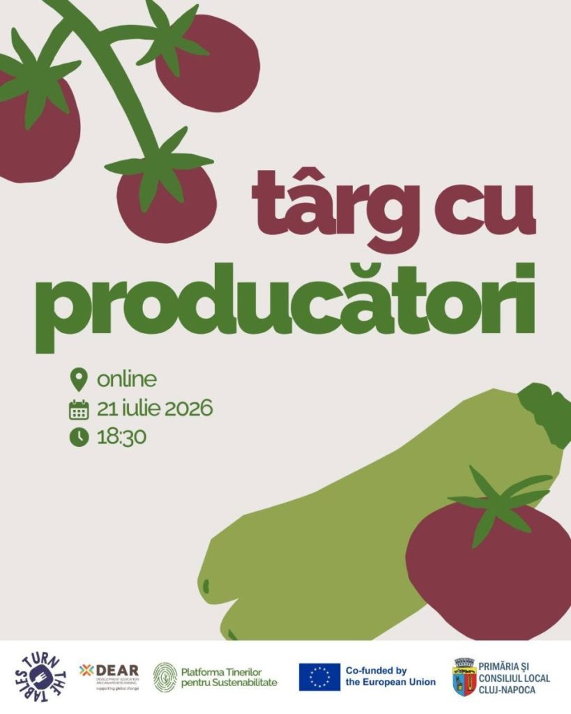 Grafica unui târg online cu producători locali, cu roșii și ardei.
