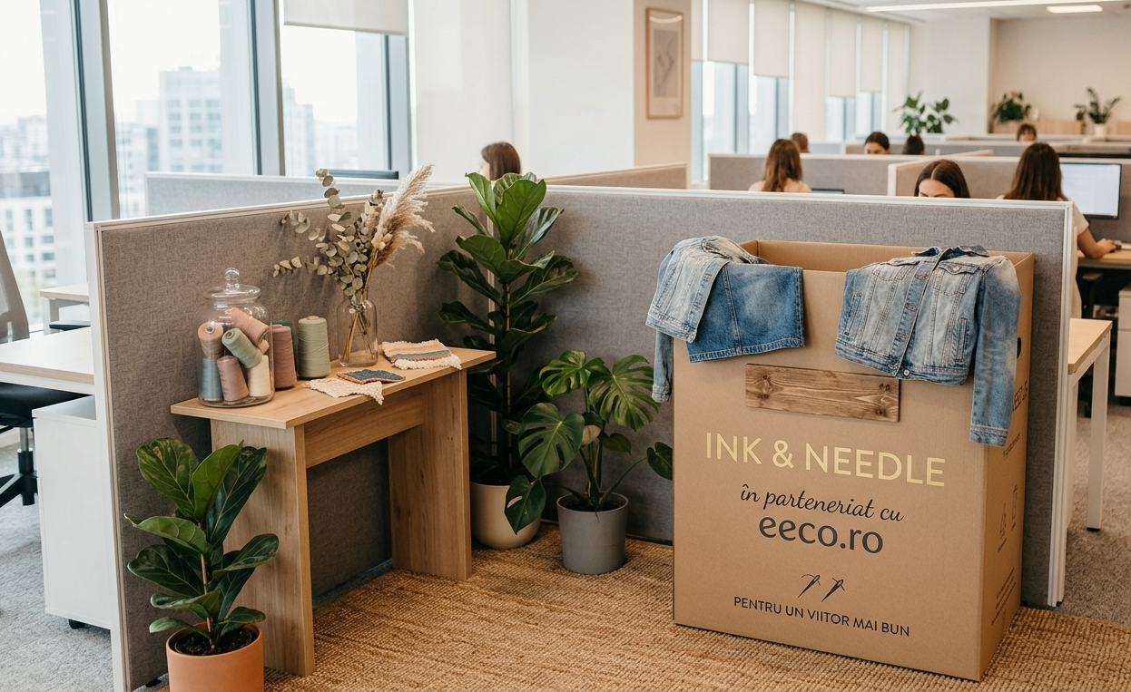 A modern office corner dedicated to circular economy, featuring a recycling box and plants.