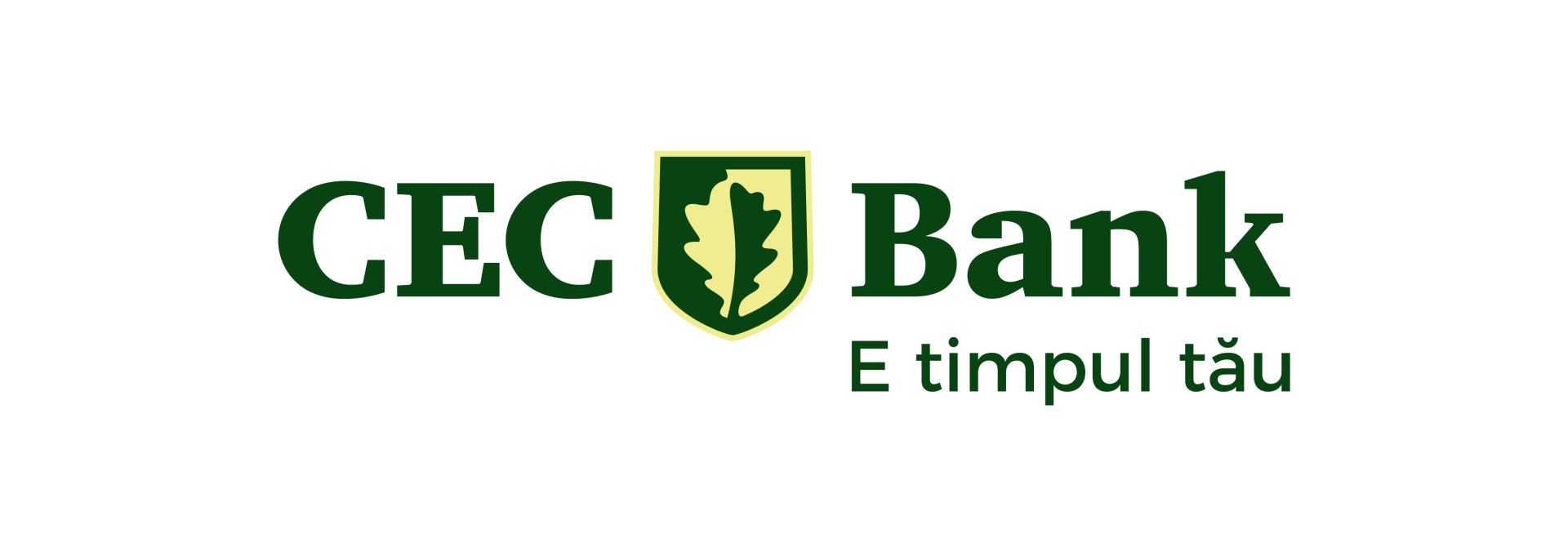 Logo-ul CEC Bank, cu textul 'E timpul tău' și un simbol de stejar.