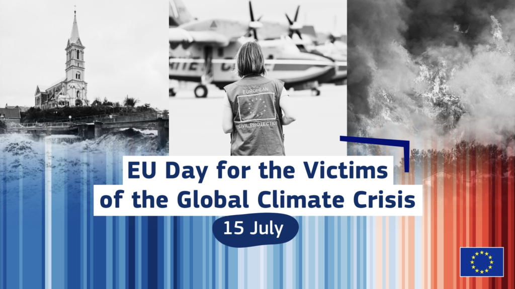 Ziua europeană a victimelor crizei climatice, 15 iulie, cu imagini simbolice și mesaj de conștientizare.