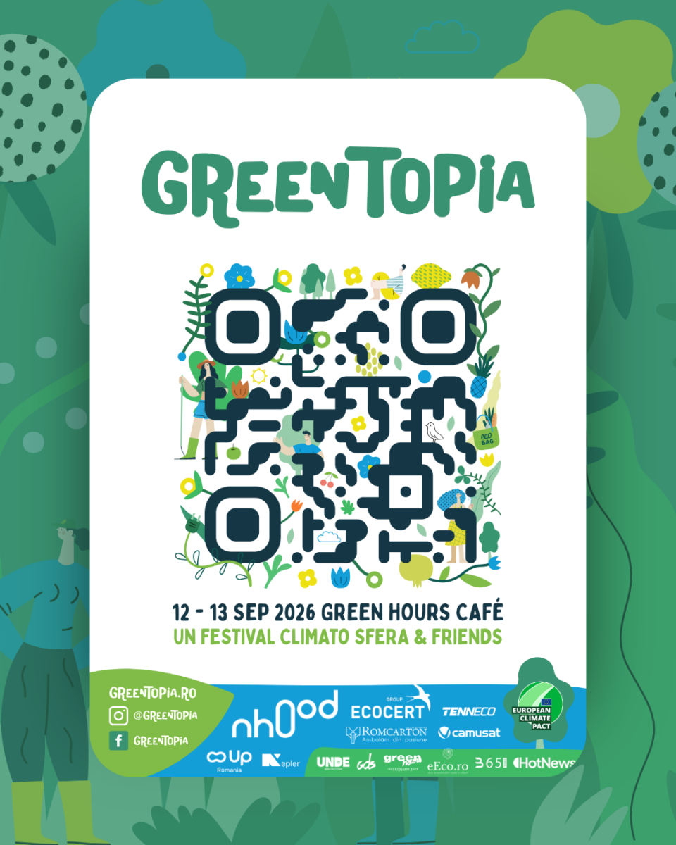 Poster for Greentopia festival featuring a QR code and illustrations of plants and people.