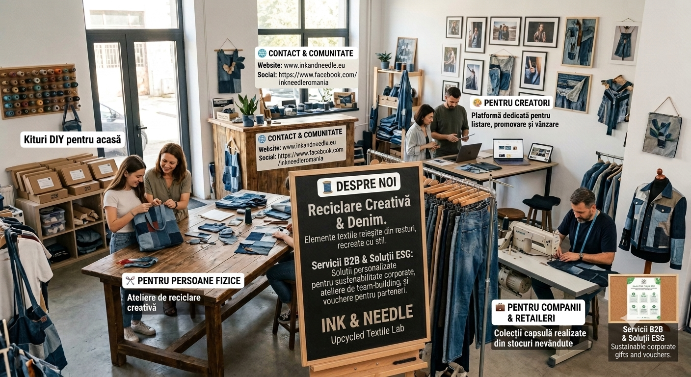 Textile re-design workshop with people working on recycled denim and DIY kits.