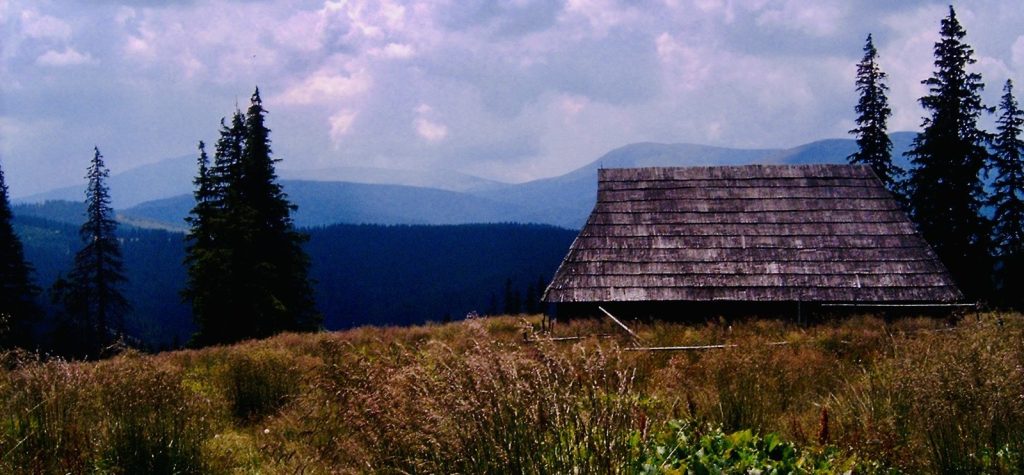 Peisaj natural cu o cabană tradițională în Cugir, înconjurată de păduri și munți.