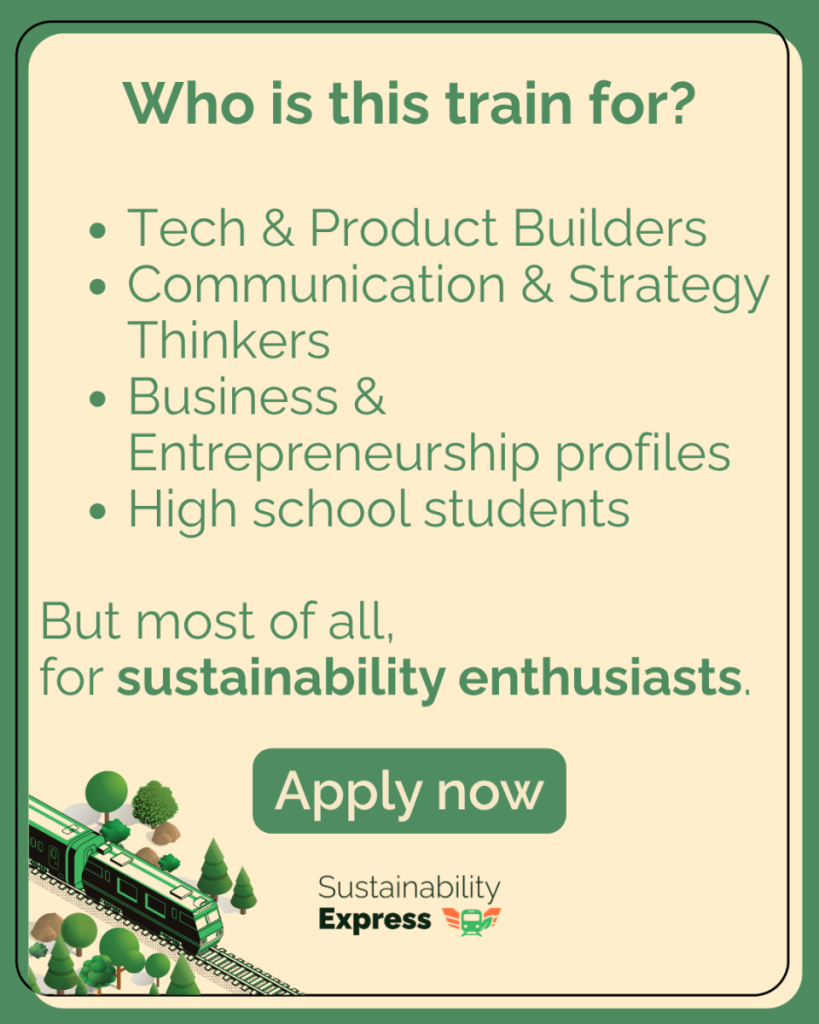 Informații despre destinatarii trenului Sustainability Express, inclusiv studenți și profesioniști.